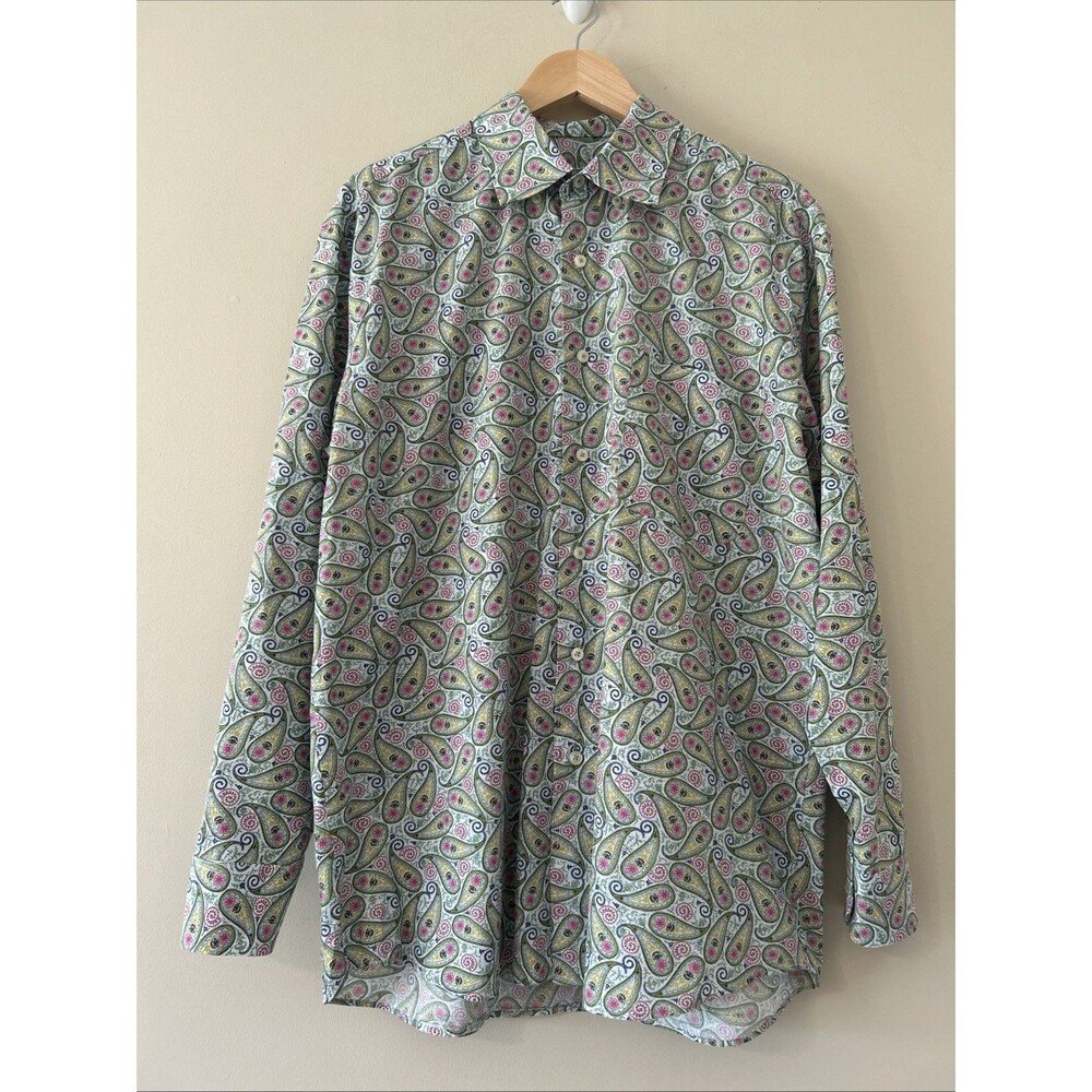 Alan Flusser Green Paisley Button Up Mens Large Shirt  Long Sleeve 100% Cotton